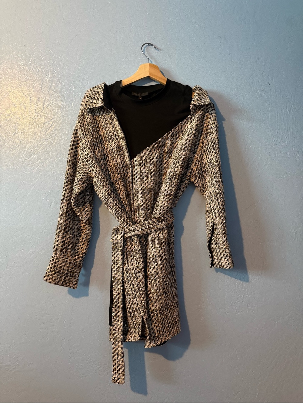 Maje Pale Rose Knit Belted Long-Sleeve Jacket Dress